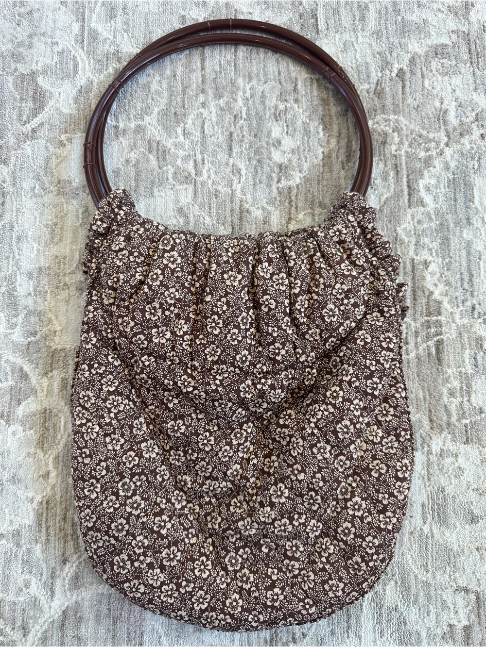 70s Vintage Brown Reversible Floral Gingham Patchwork Handmade Handbag Tote - Picture 5 of 6